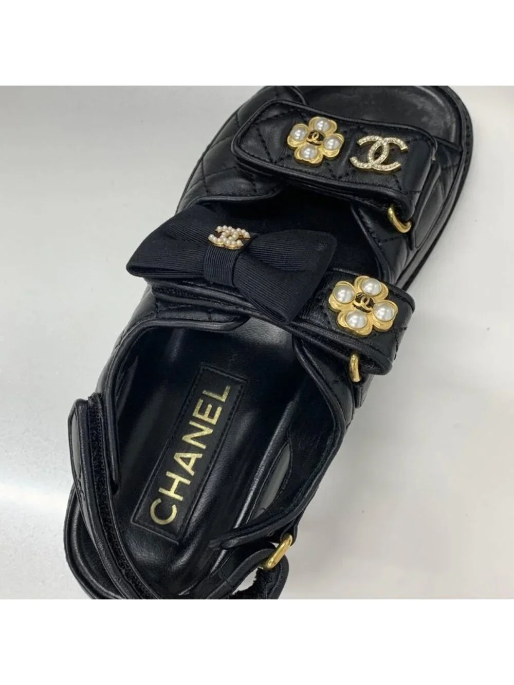 Chanel CC Logo Quilted Ribbon Leather Velcro Sandals